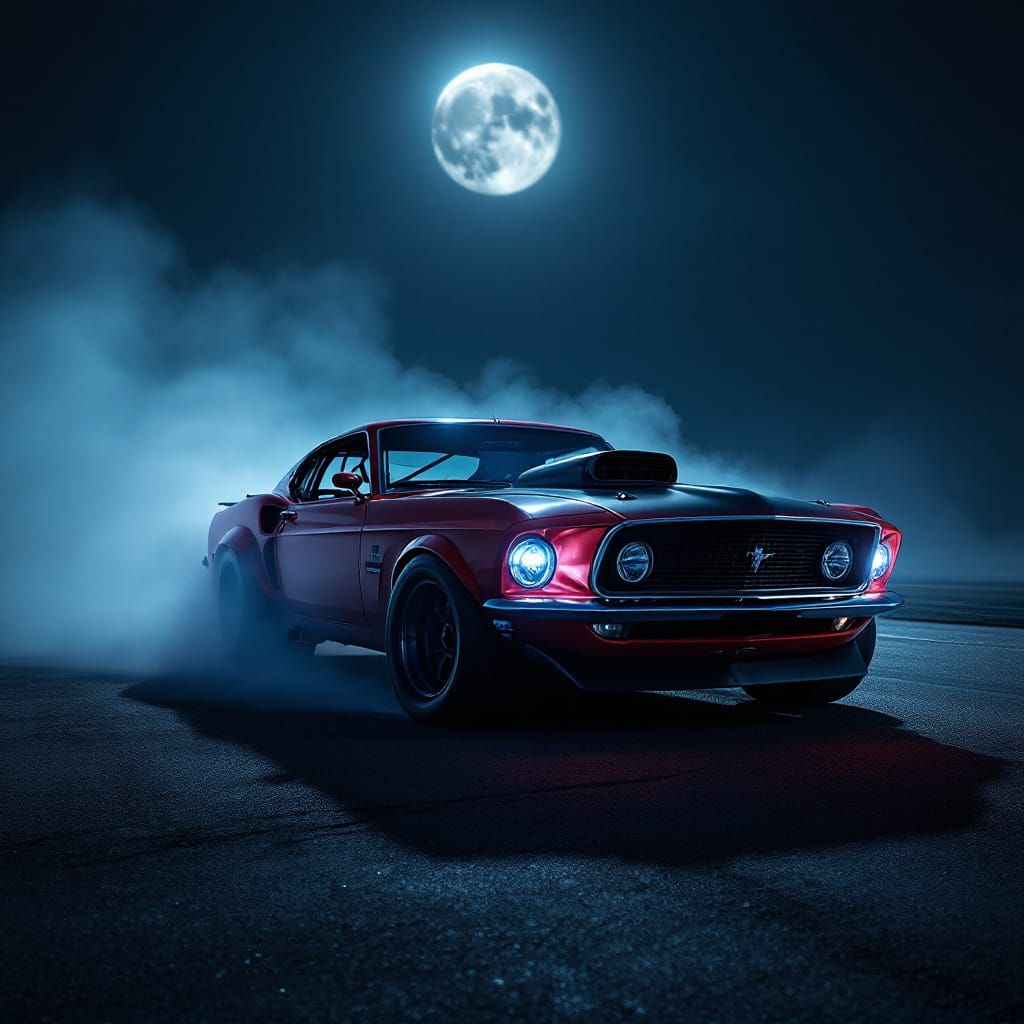 1969 Red Mustang Drag Car on Misty Racetrack