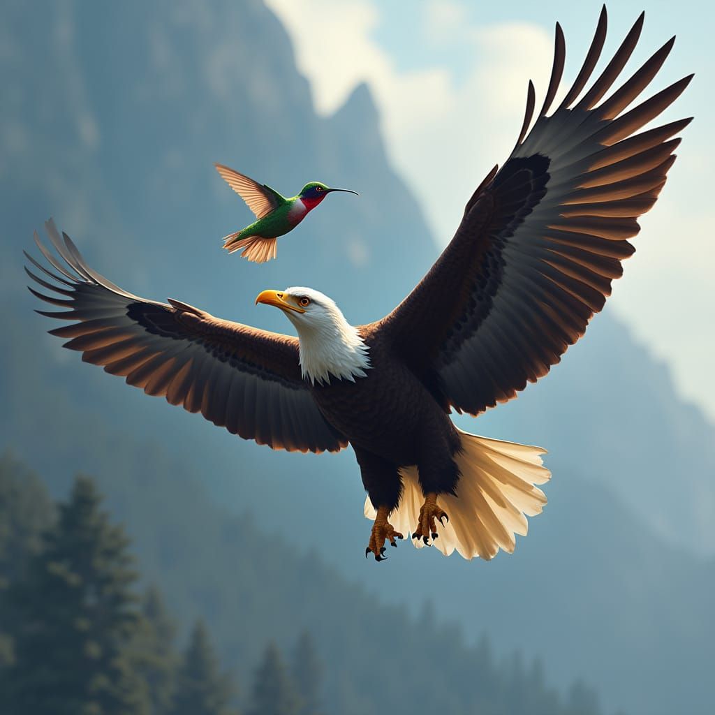 Eagle and Hummingbird Soar in Detailed Matte Painting