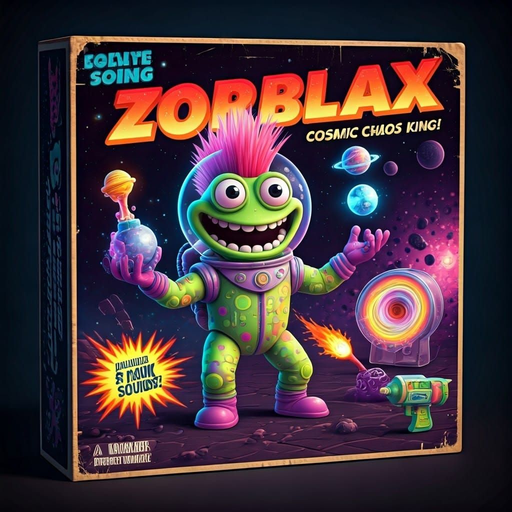 Retro Action Figure Box Art in Neon Colors