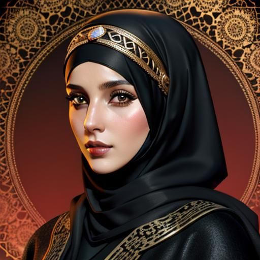 Smiling Woman in Hijab Portrait with Ornamental Background