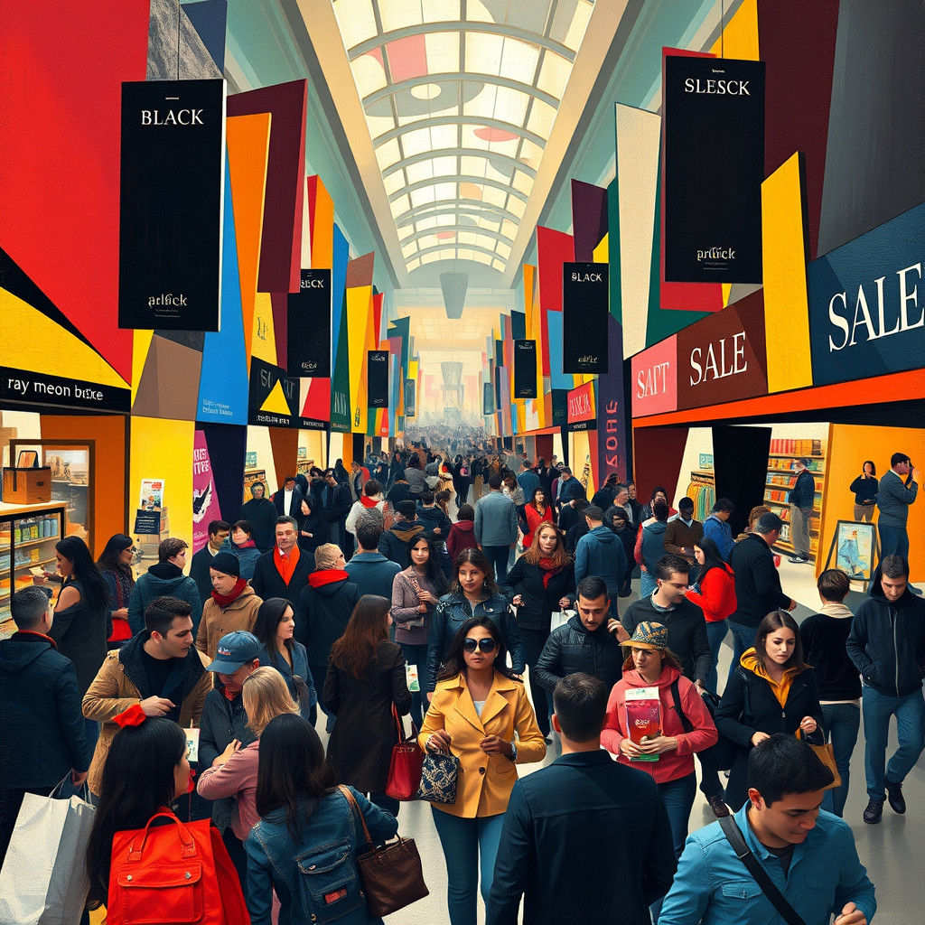 Black Friday Shopping Frenzy in Cubist Art Style