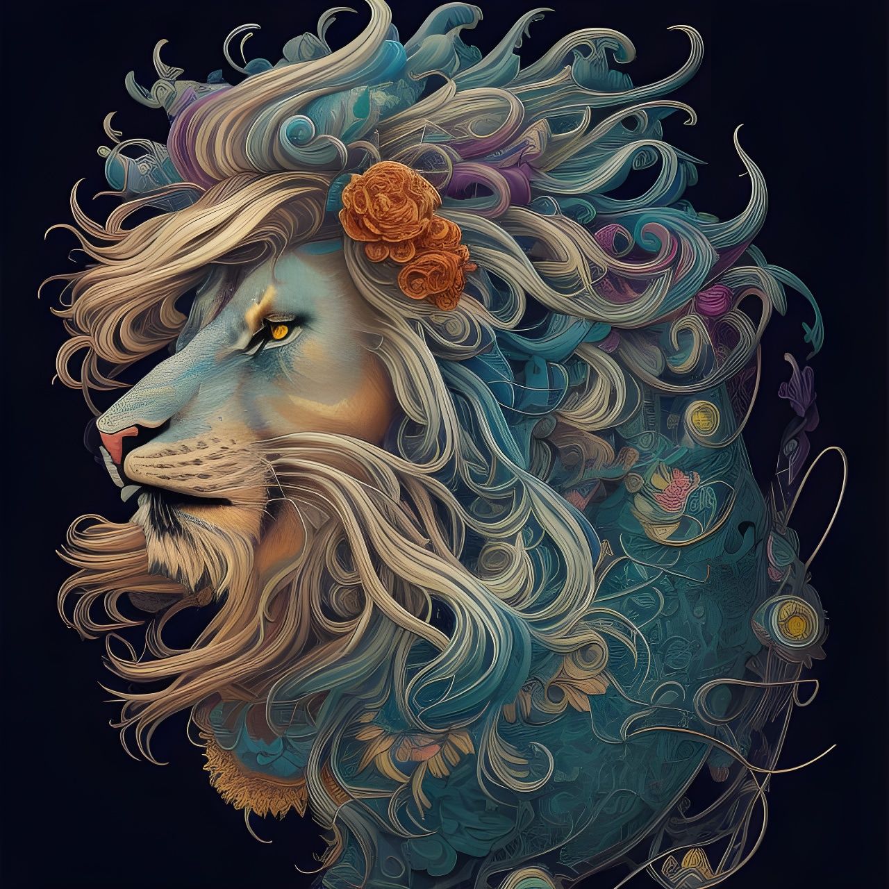 Elegant Fantastical Lion Portrait in Vibrant Colors