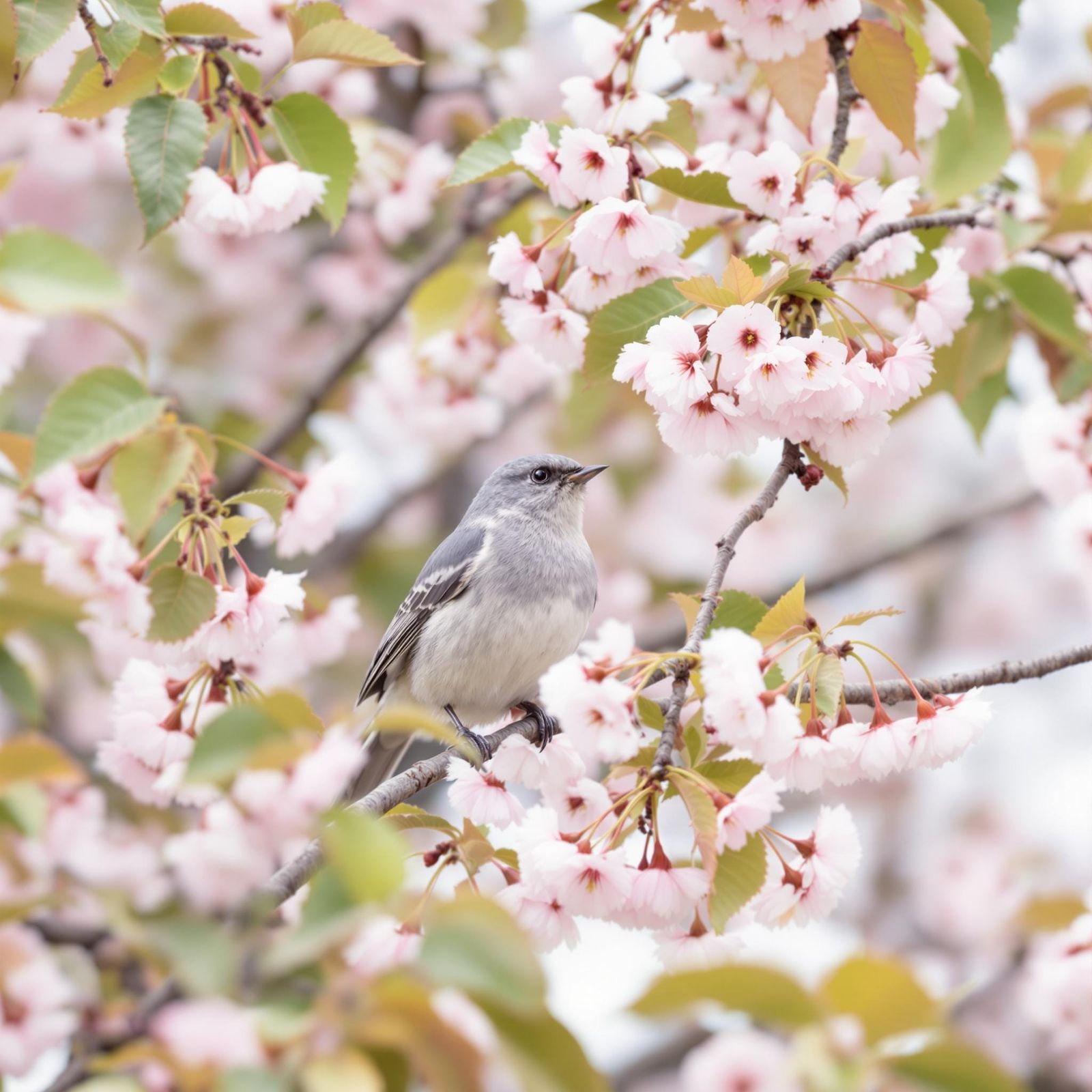 A Delicate Gray Bird in a Cherry Blossom Tree