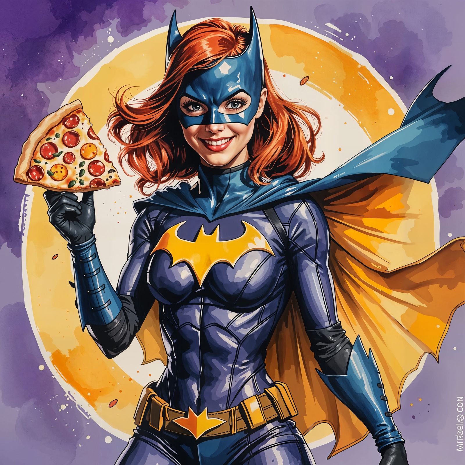 Batgirl Pin-Up Pizza Commercial in Watercolor Style