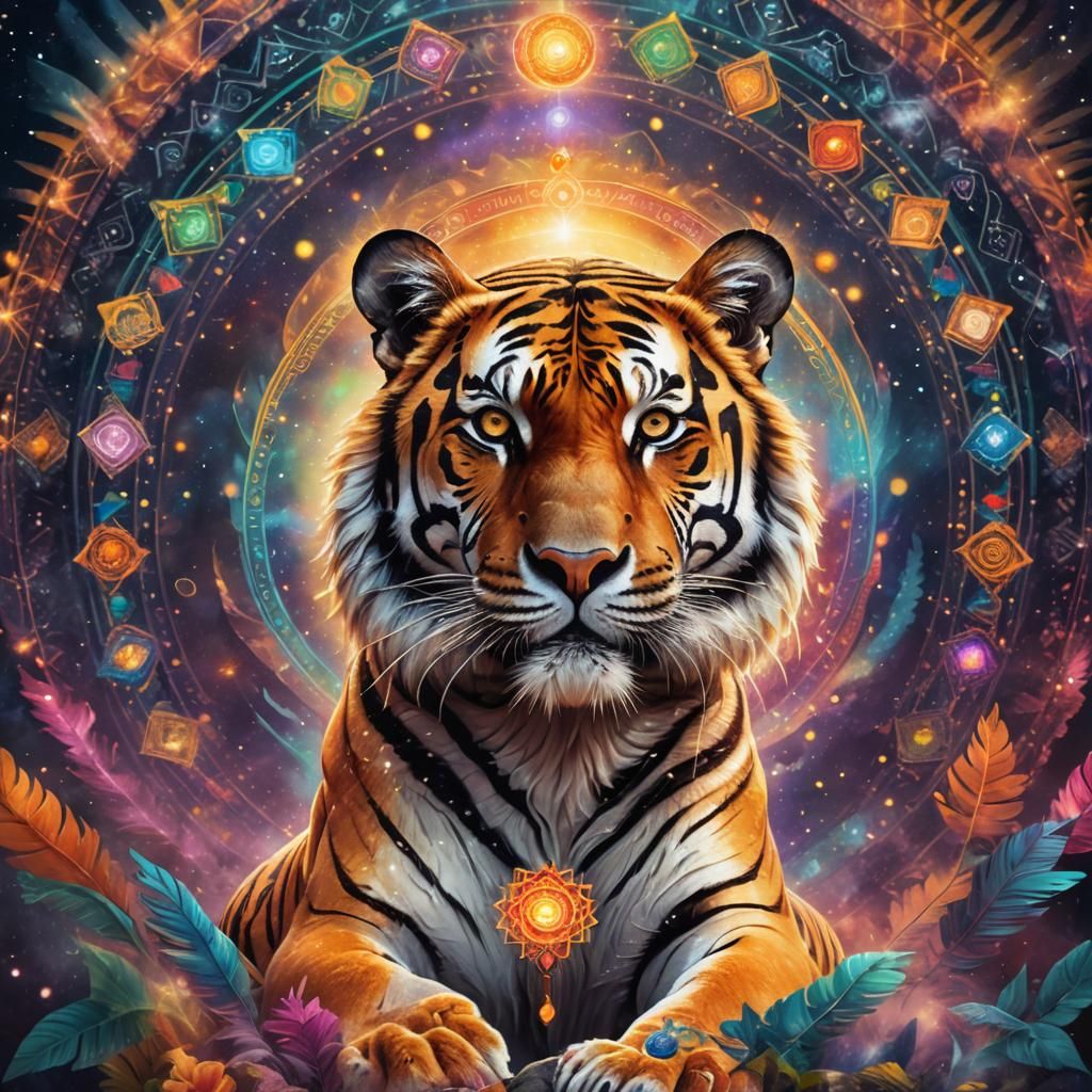 Mystical Bengal Tiger Embodiment of Chakras: Cosmic Illustra...