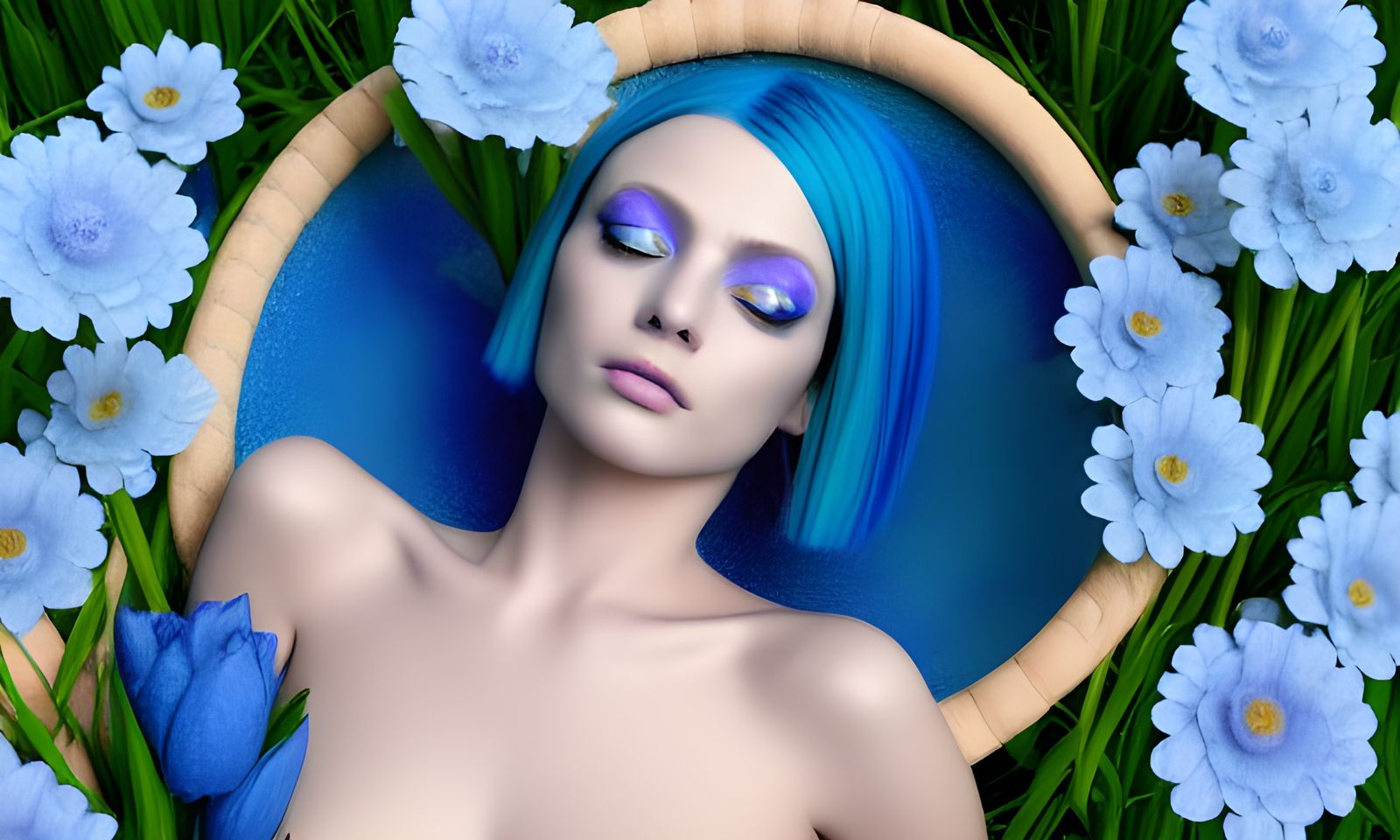 Blue Alien Bathes Among Strange Flowers