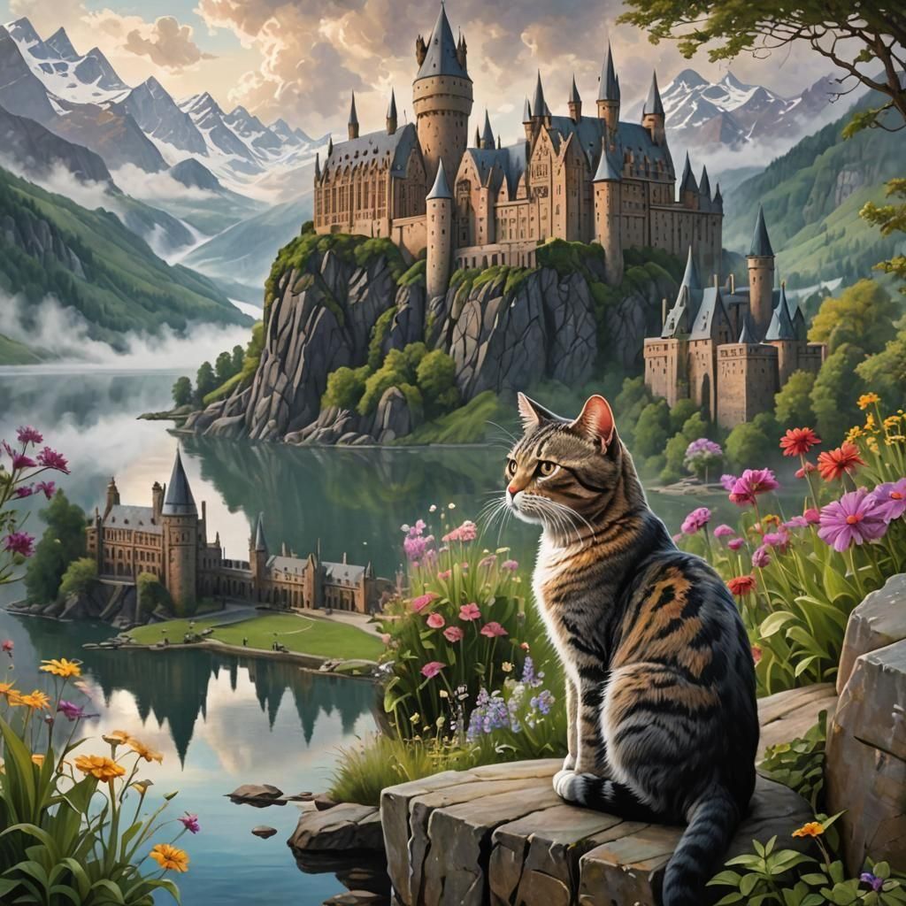 Hyperrealistic Hogwarts with Cat, Trending on Artstation