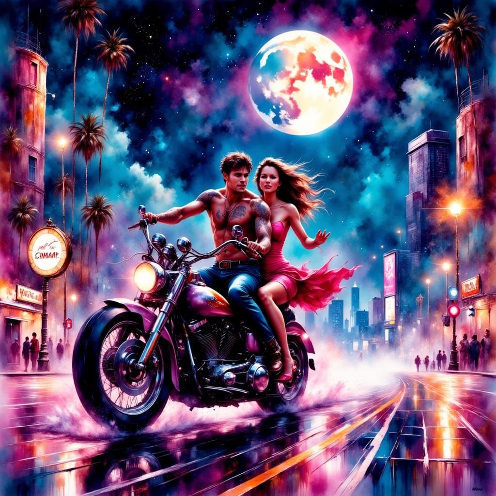 Neon Motorcycle Ride in Retro-Futuristic Cityscape