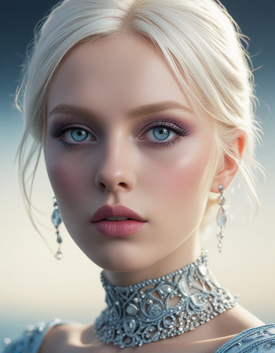 Stunning portrait of beautiful woman with platinum blonde hair and crystal blue eyes with light blue eyeshadow with blue...