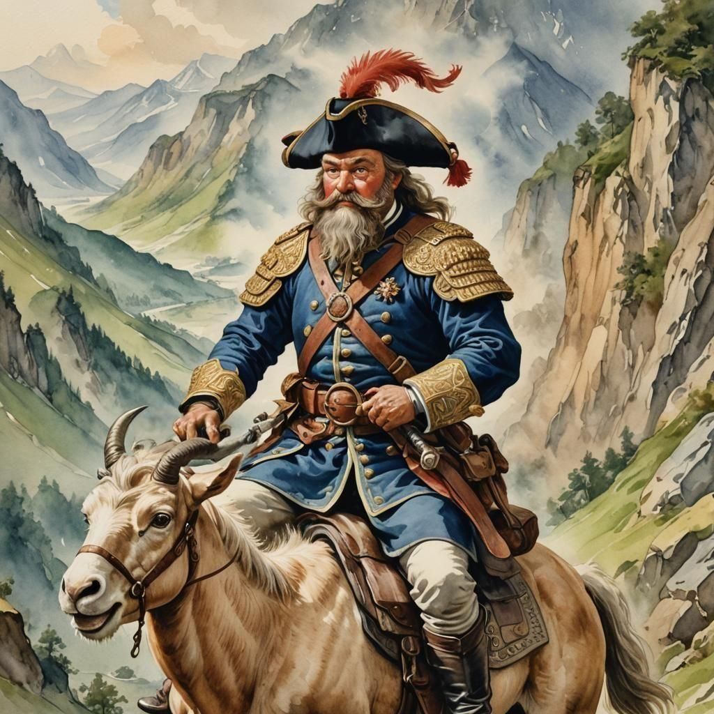 Dwarf Dragoon on War Goat: Watercolor Portrait