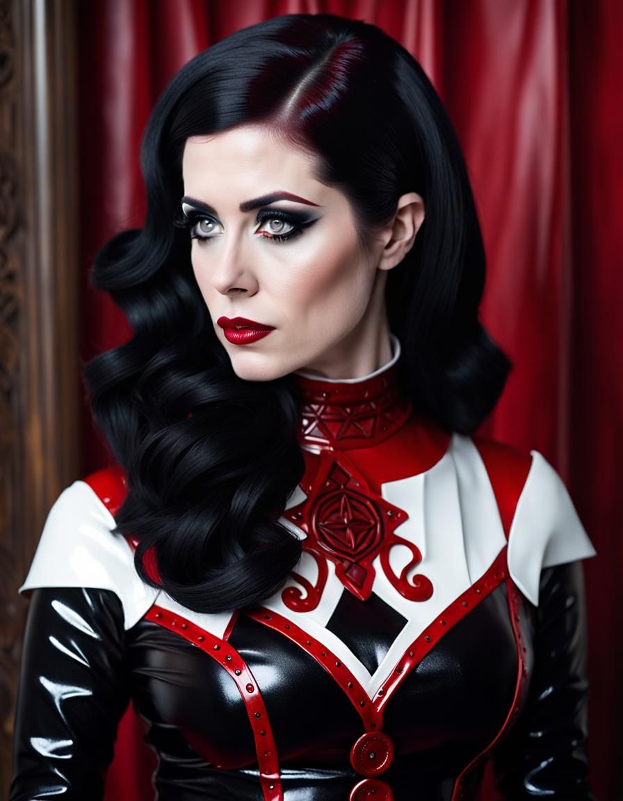 Gothic Occult Priestess in Red and White Latex