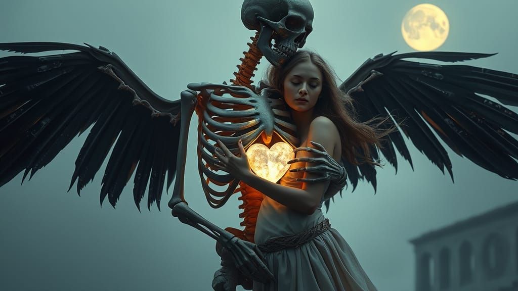 Ethereal Skeleton Embraces Woman in Gothic Fantasy
