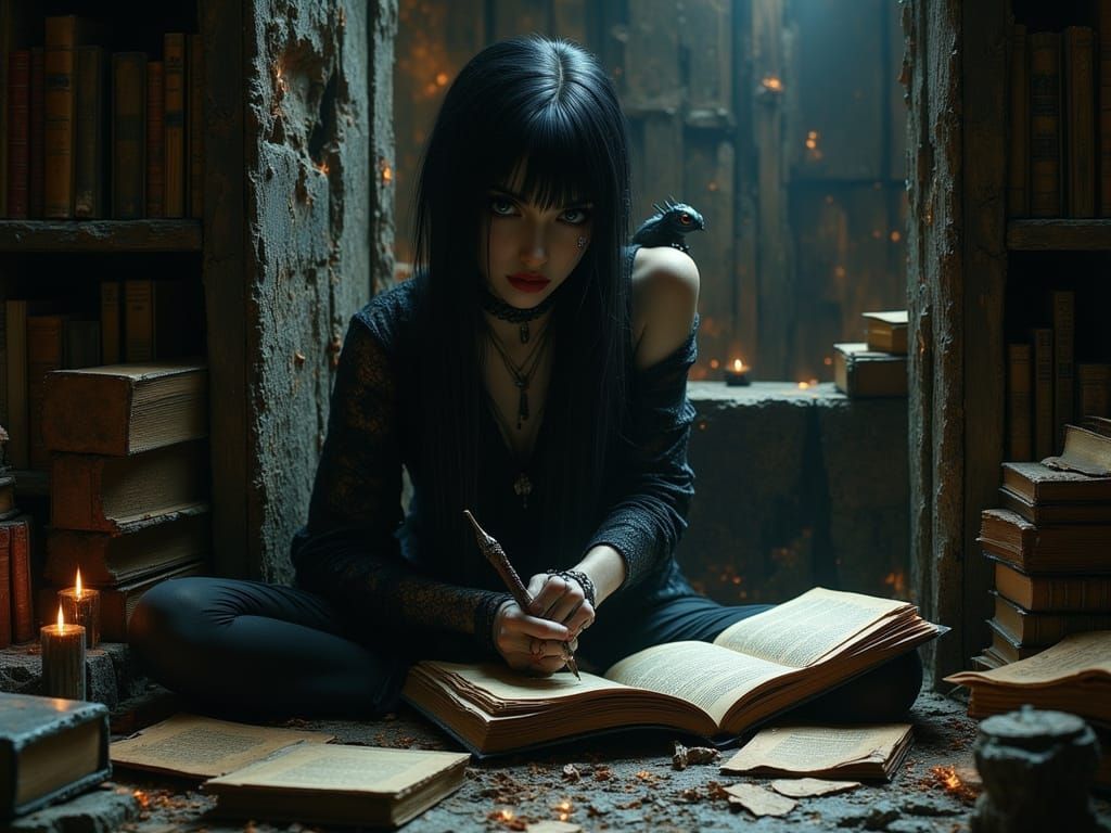 Goth Girl Reads Ancient Manuscripts With Dragon Companion