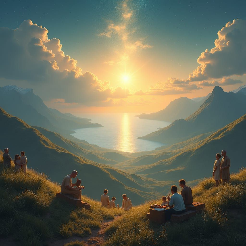 Serene Heavenly Landscape with People in Golden Light