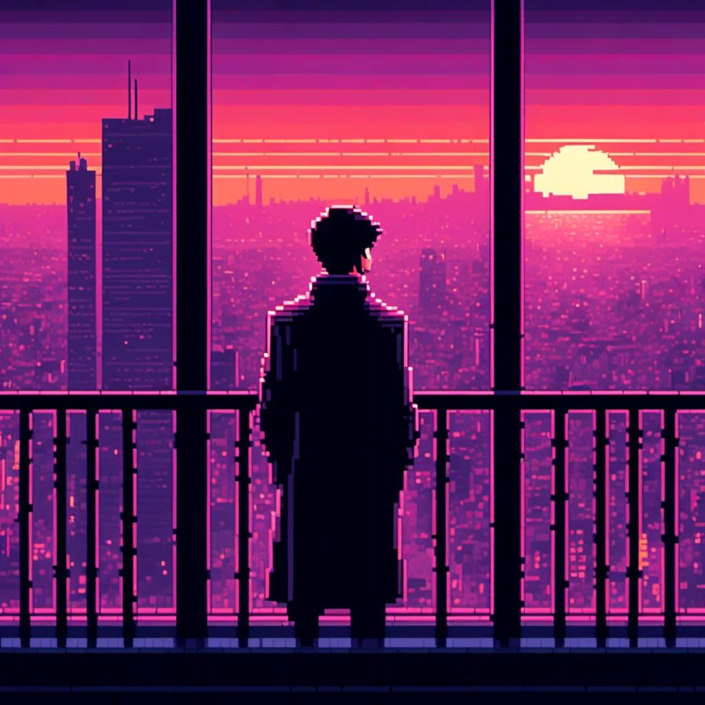 Cyberpunk Man Watches Sunset in Pixel Art Style