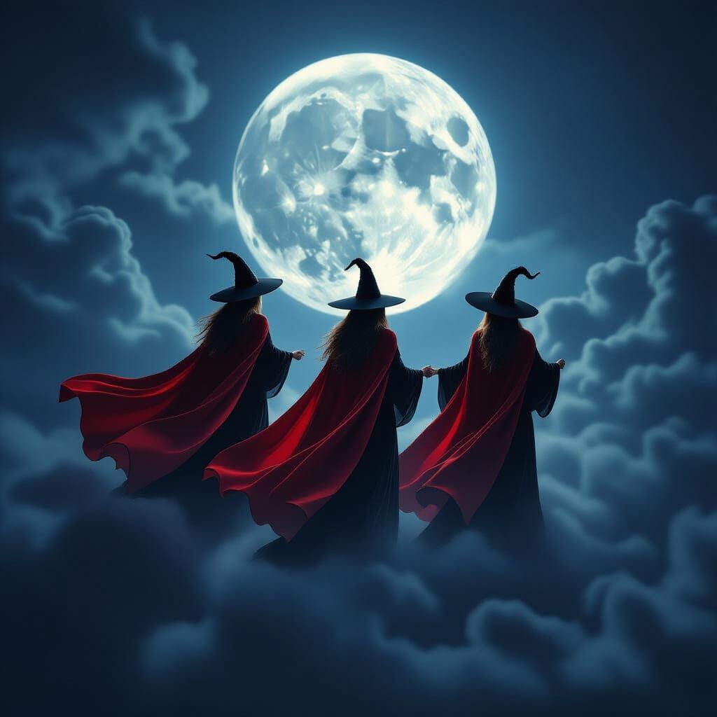 Oriental Witches Fly Under Moonlit Night Sky