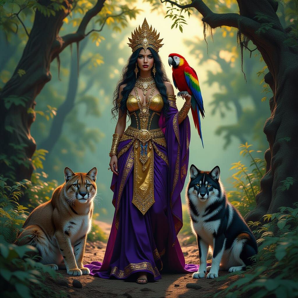 Voodoo Priestess with Mountain Lion and Wolf in Dark Fantasy...