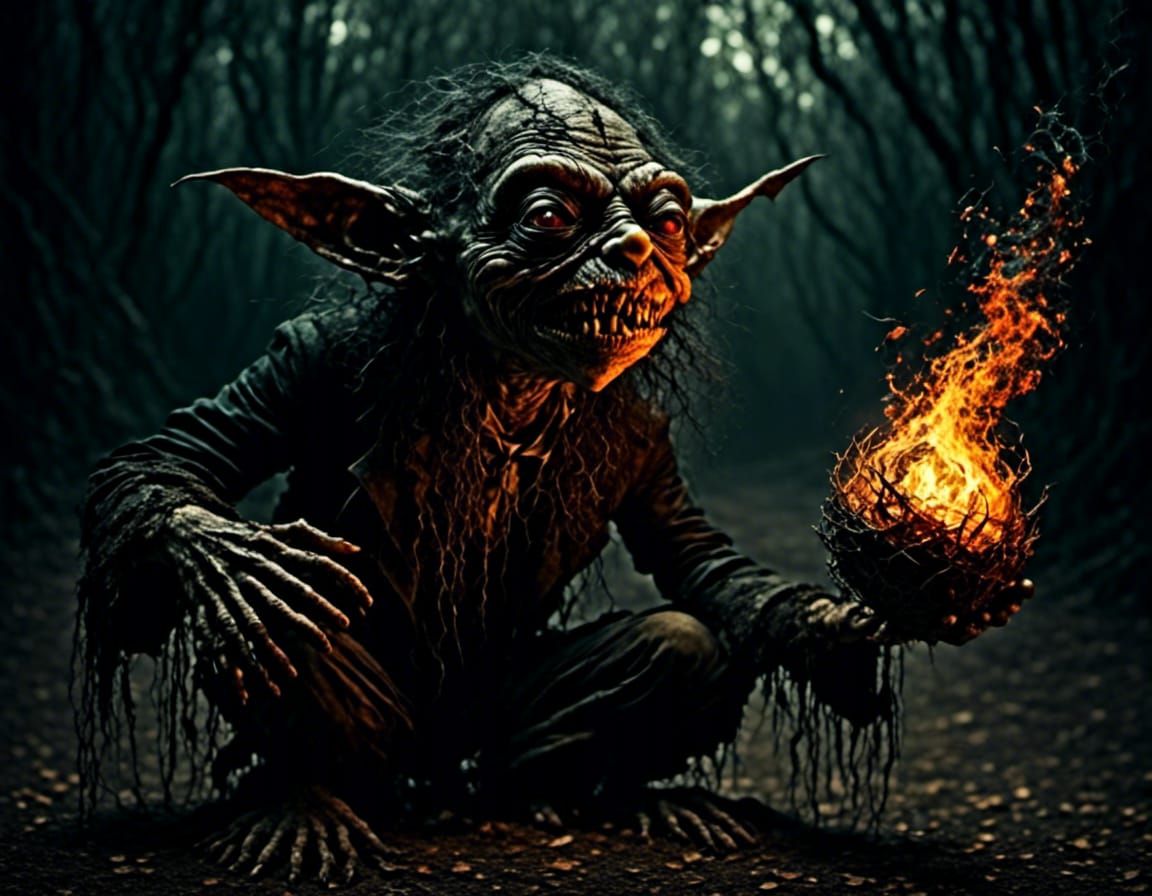 Evil Goblin Casting Fireball in Dungeon