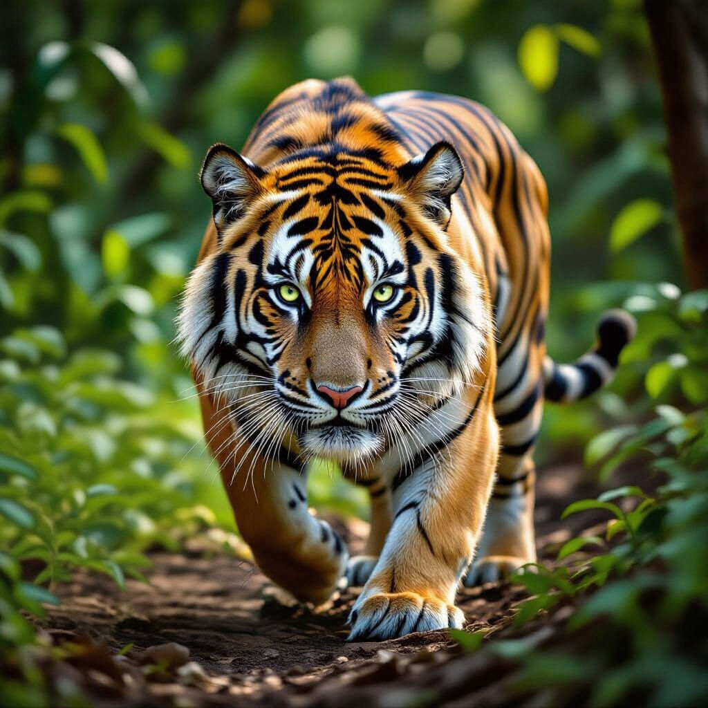 Pale Sumatra Tiger Stalks Wild Pig Behind Tree