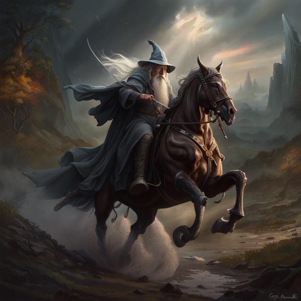 Epic Battle Scene with Wizard on Horseback