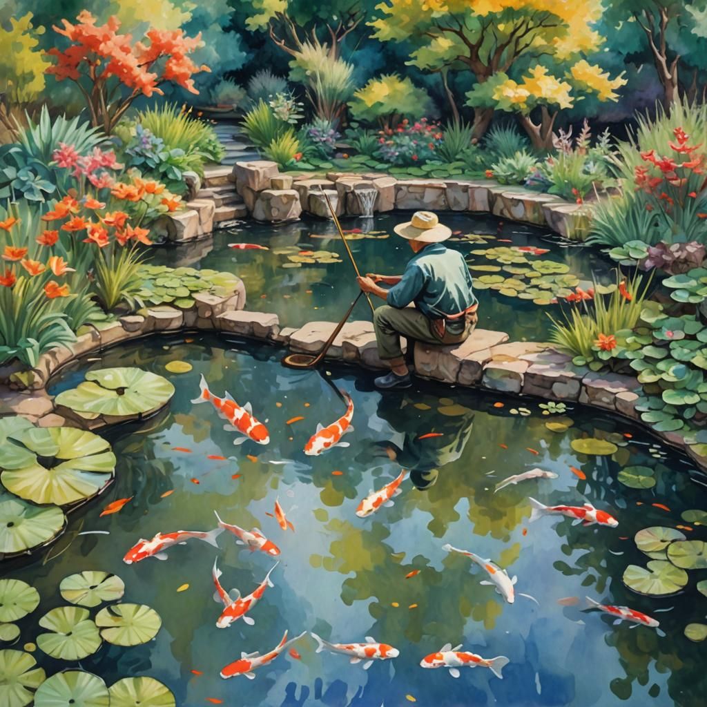 Fisherman at Koi Pond, Gouache Watercolor Style