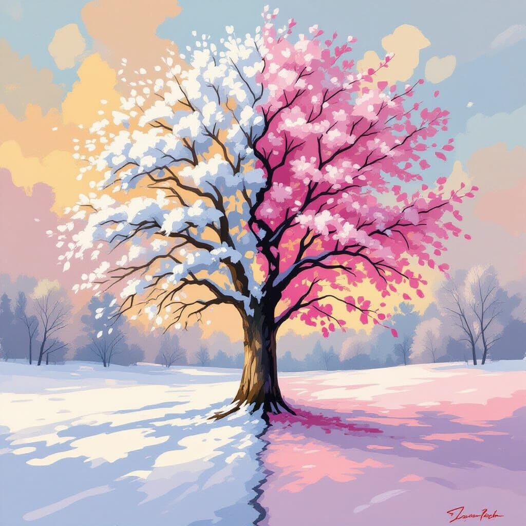 Impressionistic Tree Divided Between Winter and Spring