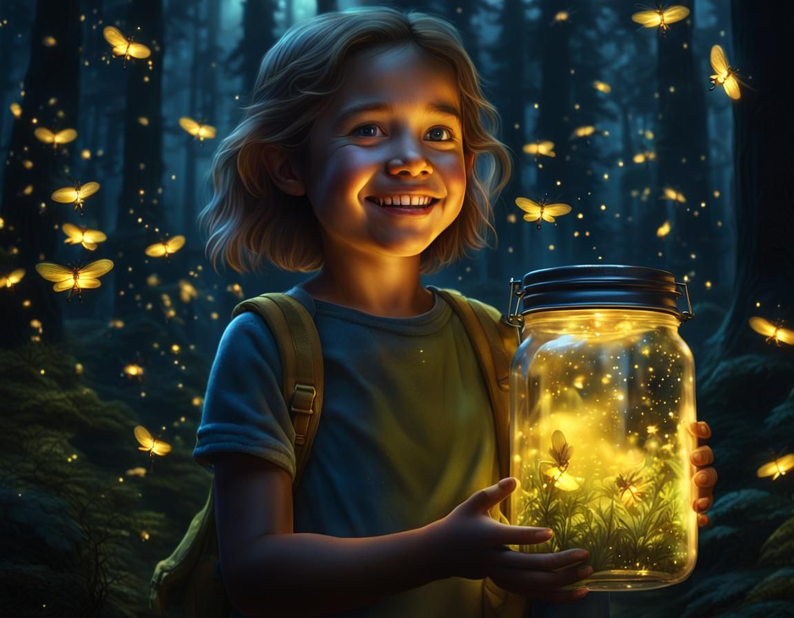 Girl Catches Fireflies in Forest at Night