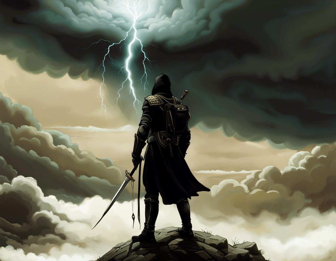 Knight in Dark Fantasy Landscape with Lightning