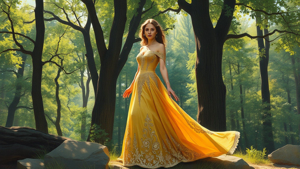 Woman in Golden Gown in Lush Forest