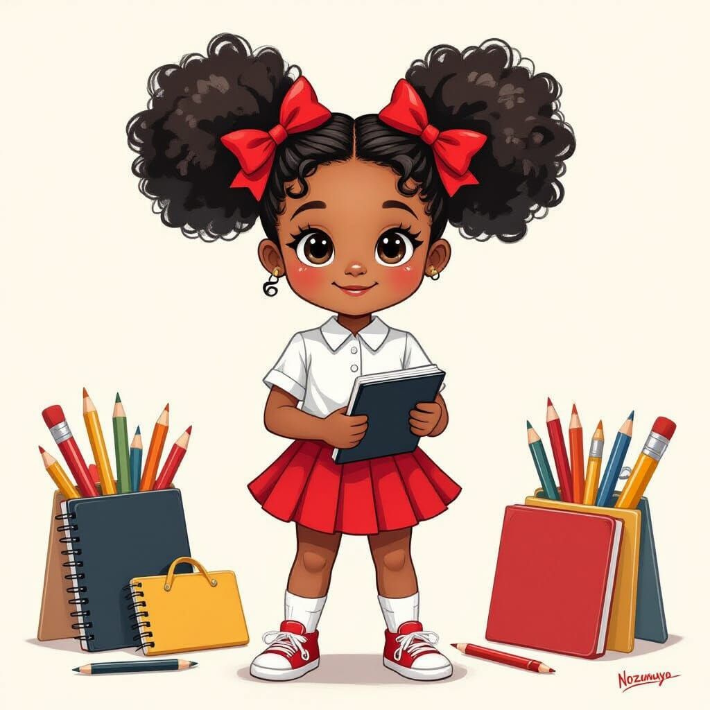 Chibi African American Schoolgirl with Notebook Illustration