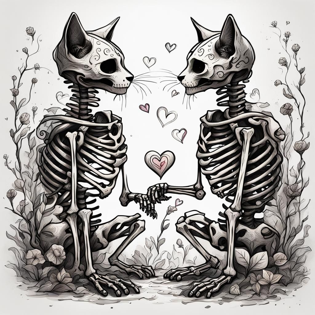 Cat Skeletons in Love: Detailed Black and White Sketch