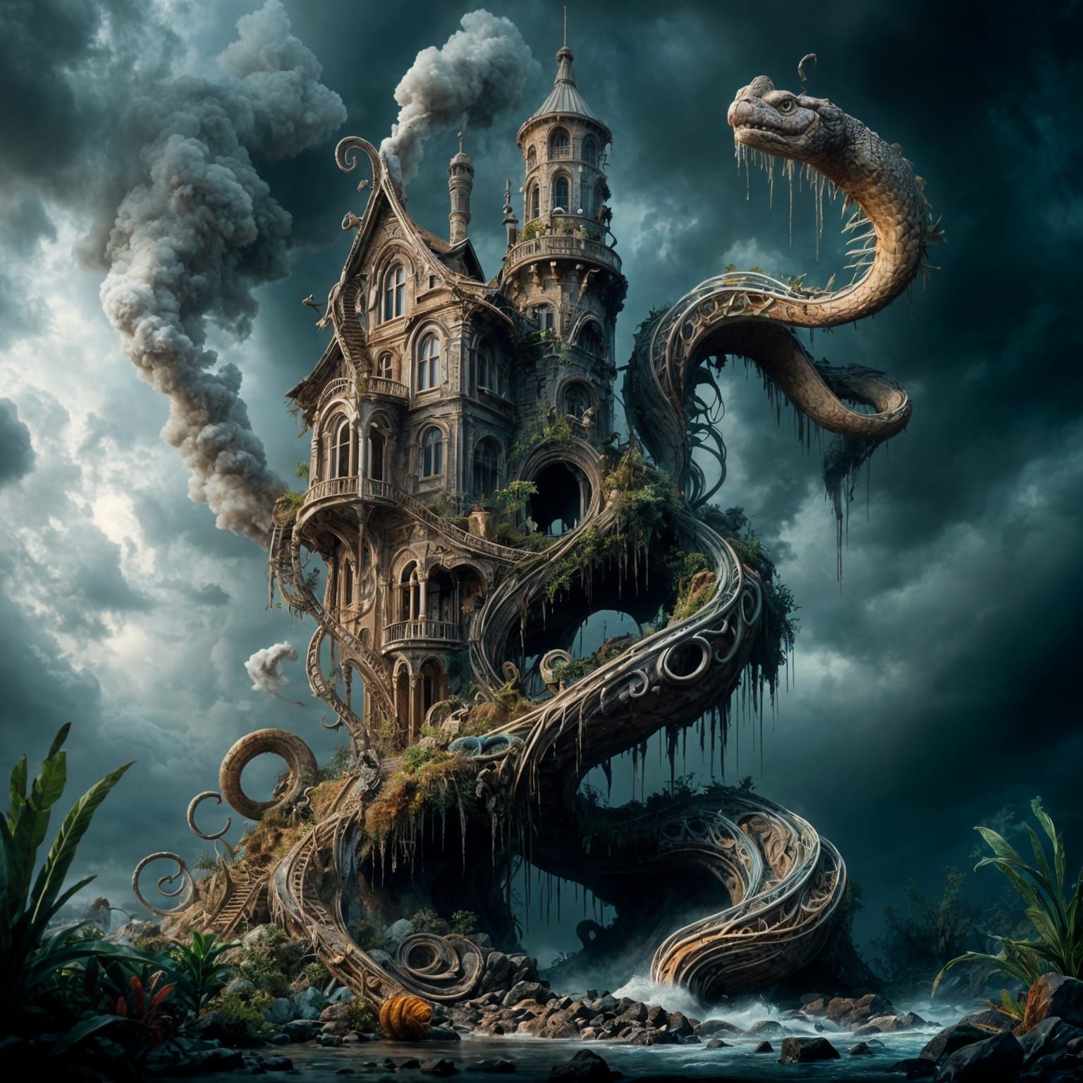 Lighthouse with Snake, Whimsical Art