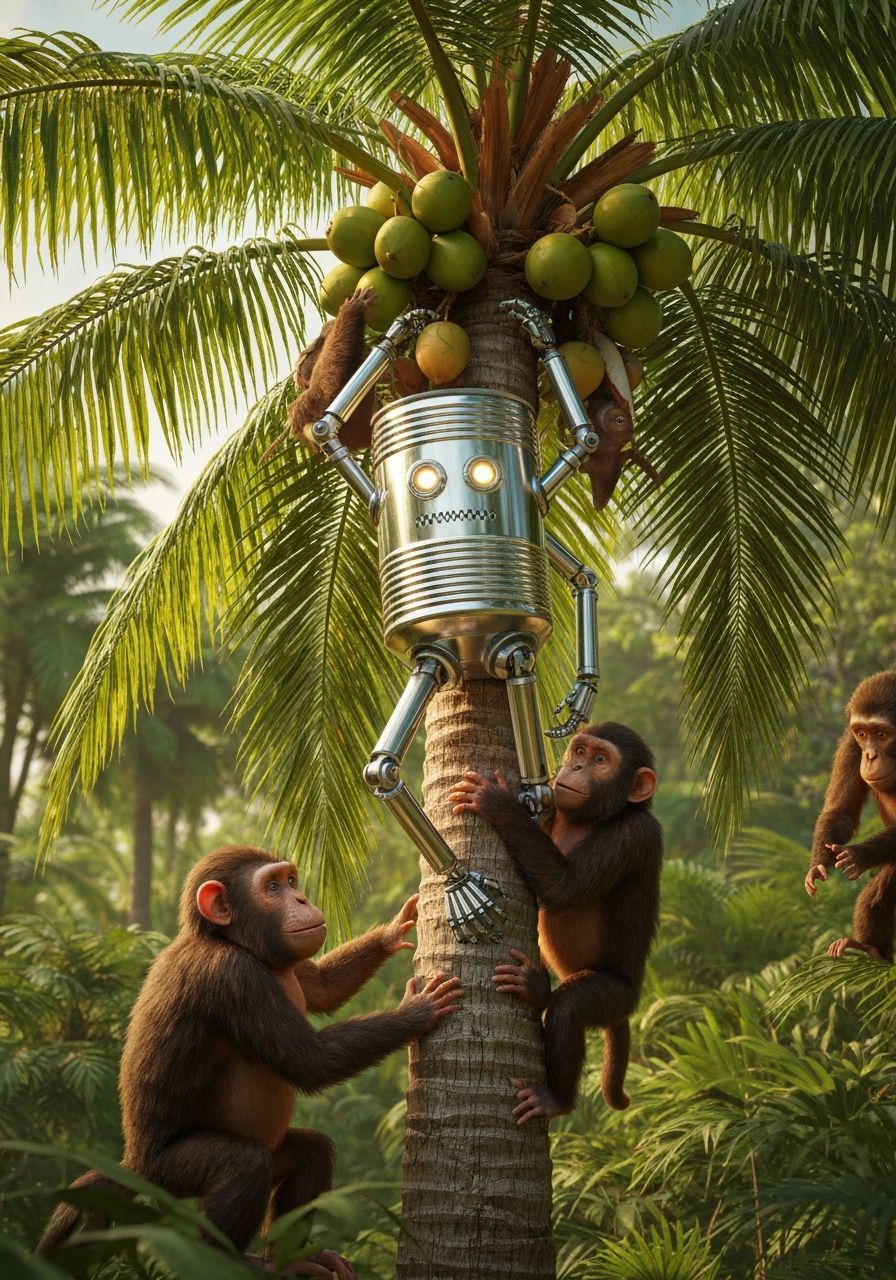 Futuristic Robot Climbs Coconut Tree with Apes