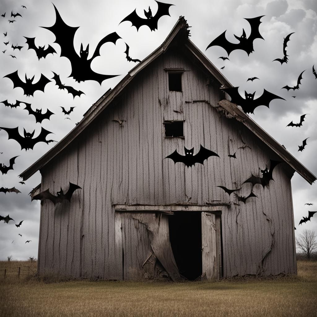 Bats Swarming from Barn, Tim Burton Style