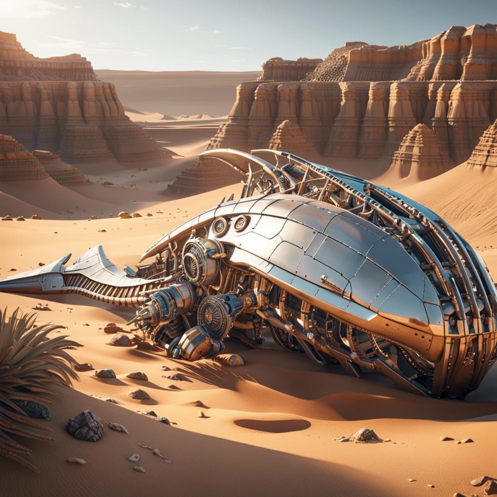 Whale Skeleton Excavation in Futuristic Desert Dig Site
