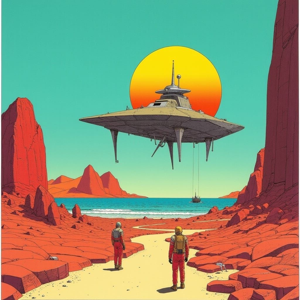 Retro Landing Craft on Alien Planet in Watercolor