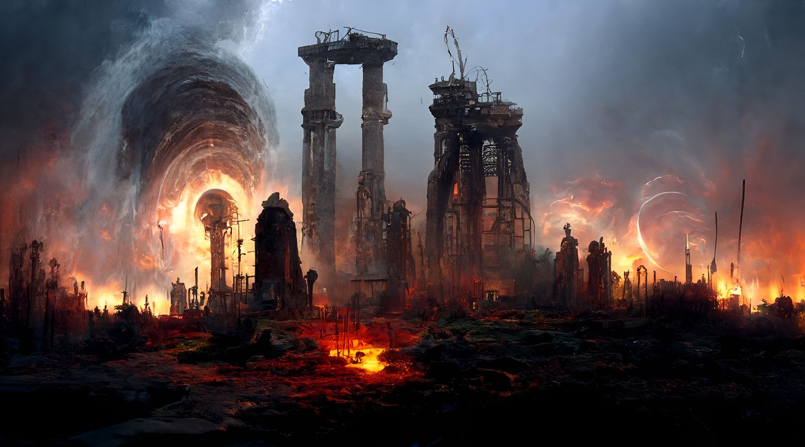 Fiery Apocalyptic Industrial Ruins on Alien World