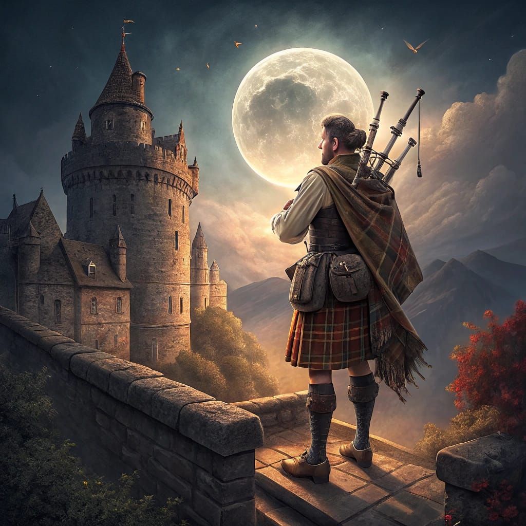 Bagpiper Under Moonlight on Castle Ramparts