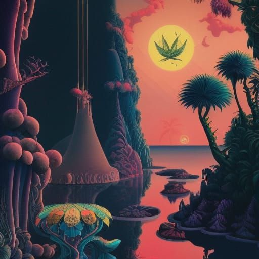 Surreal Tropical Fantasy Landscape, Mixed-Media Masterpiece