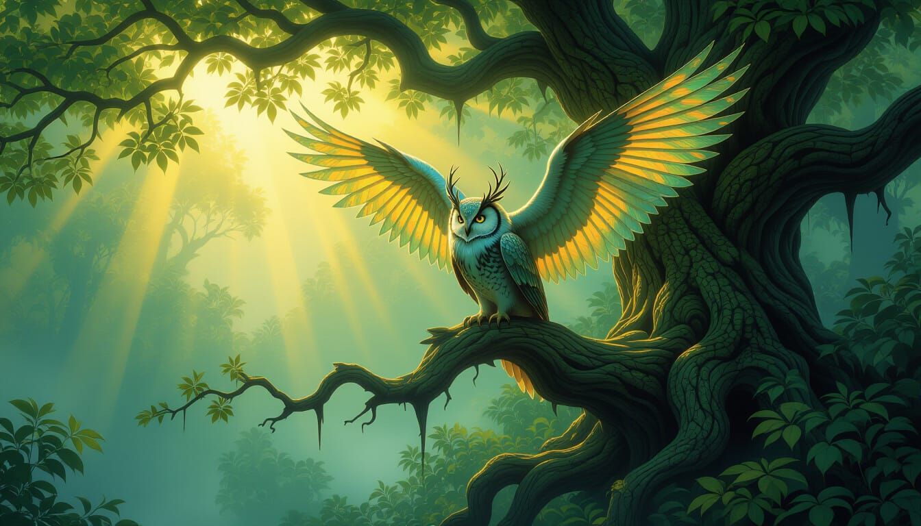 Mystical Owl-Dragon Hybrid in Ethereal Forest