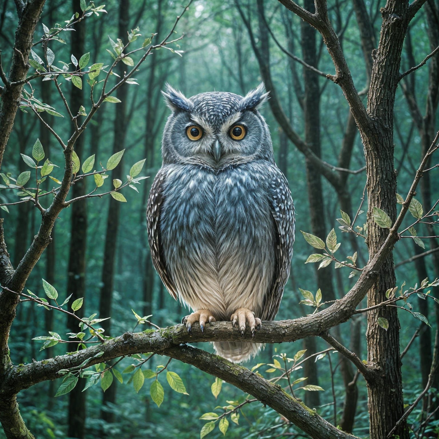 Radiant Blue Owl in Jar, Hyperrealistic Forest Vision