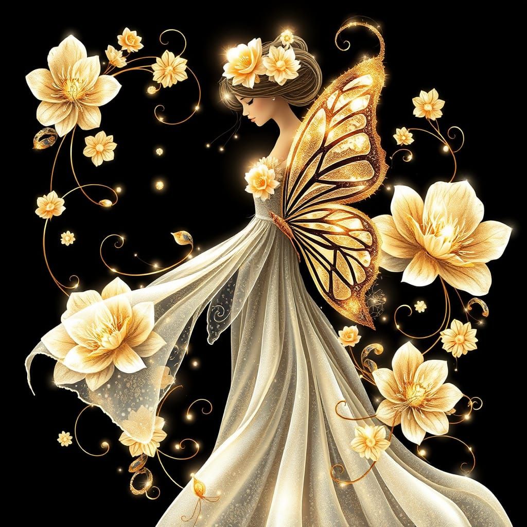 Glamorous Fairy with Intricate Floral Patterns in Golden and...