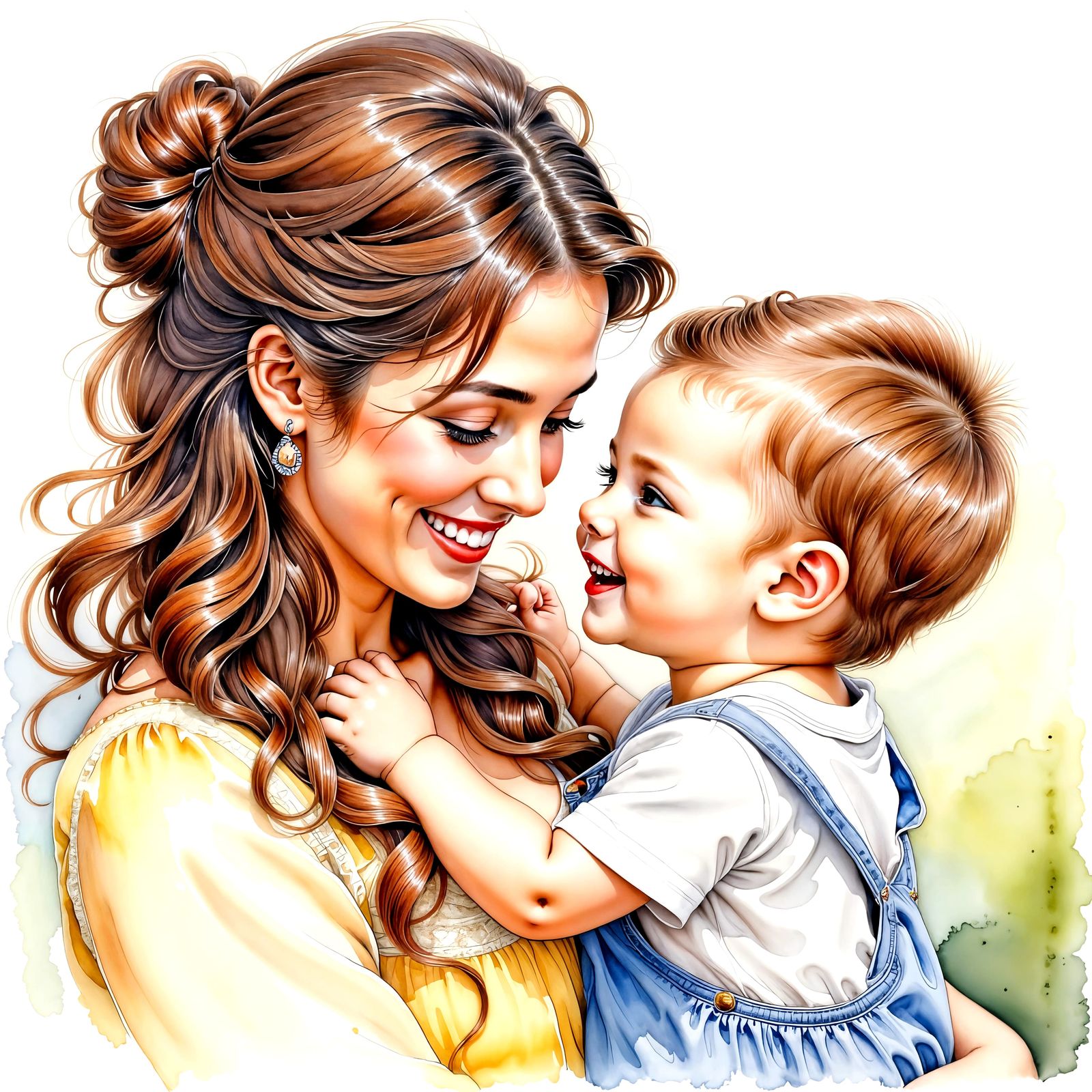 Charming Mother and Baby Portrait in Ink and Watercolor