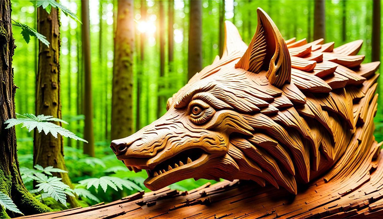 Wolf Head Carved From Fallen Log