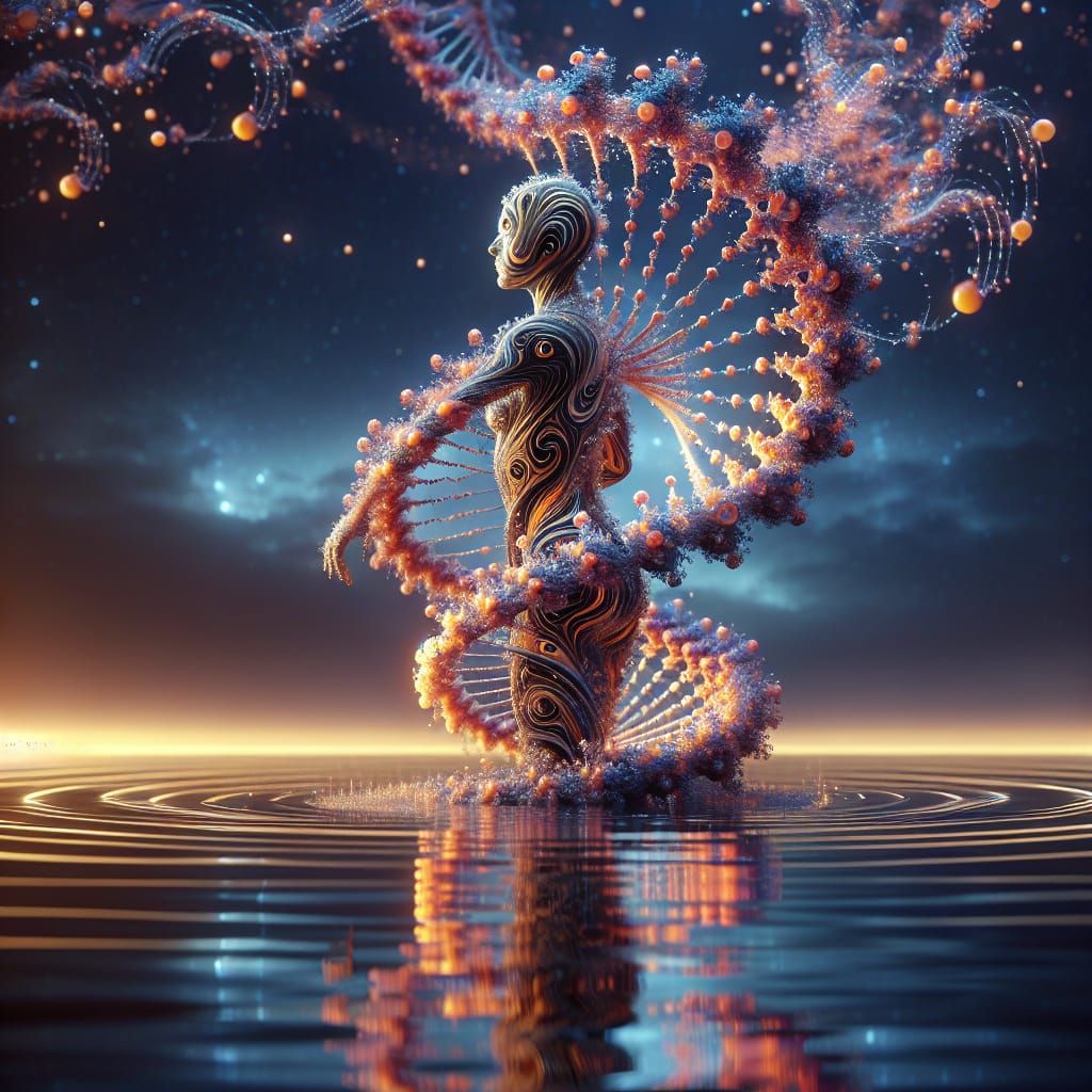 Fractal Ferrofluid Humanoid Twirling on Lake