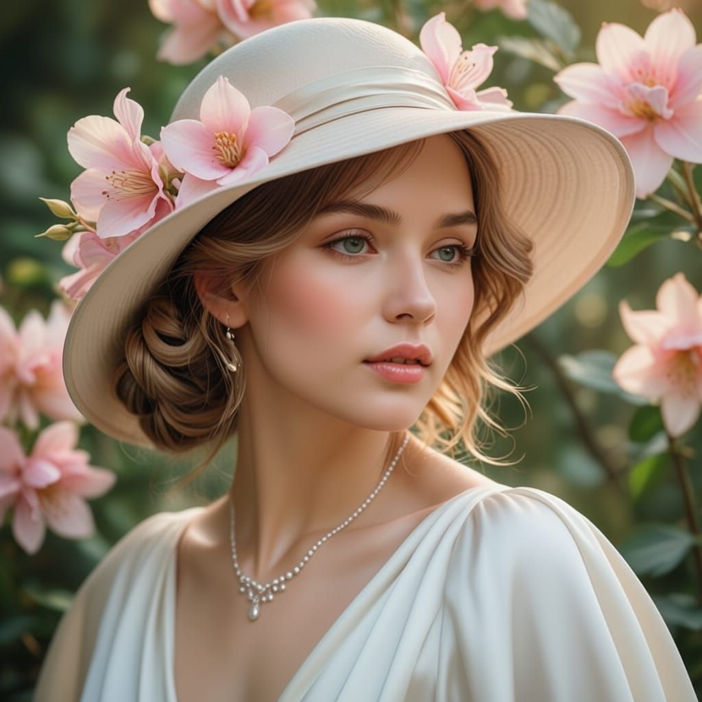 Elegant Woman in Flowing Gown and Flower Hat