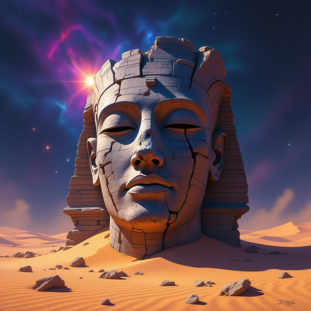 Ancient Cosmic Stone Head in Nebula Desert