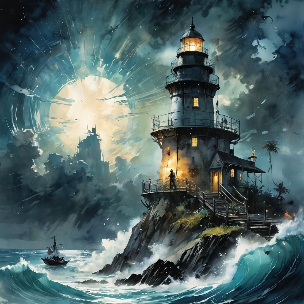 Watercolor Lighthouse Storm in Fantasy Book