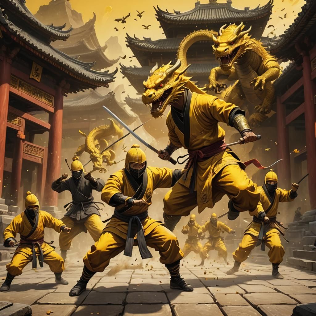 Ninjas Fight Dragon in Shaolin Temple: Oil Painting