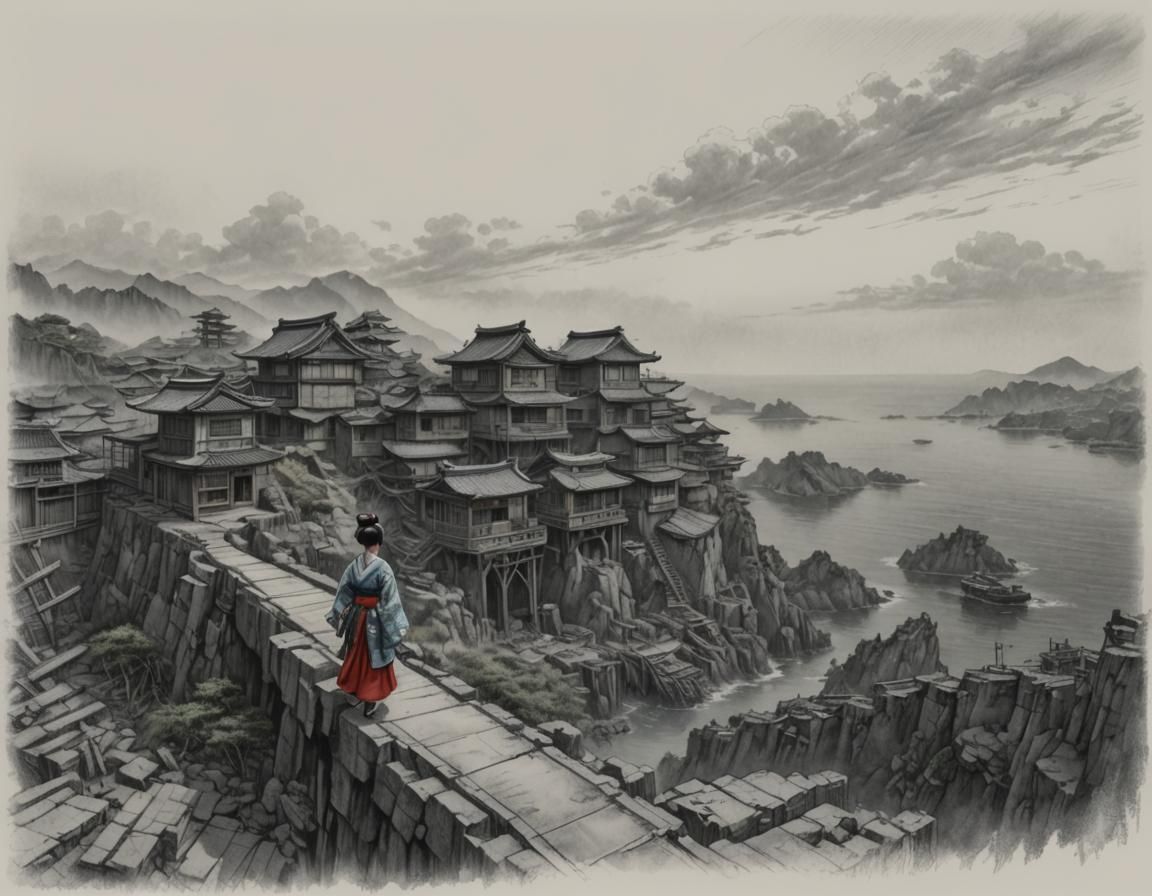 Geisha Overlooking Dystopian Village: Pencil Sketch
